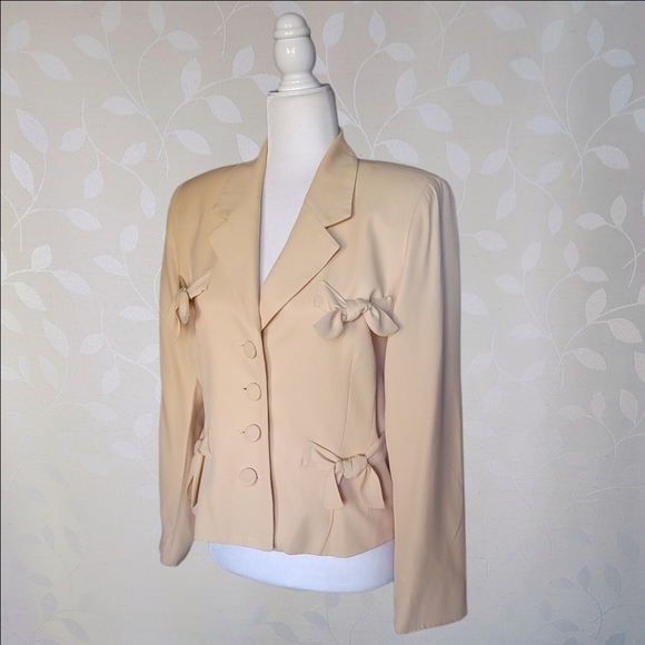 Vintage Bow Tie Detail Lightweight Blazer Jacket Pastel Equator Apricot Nude S - Picture 7 of 15